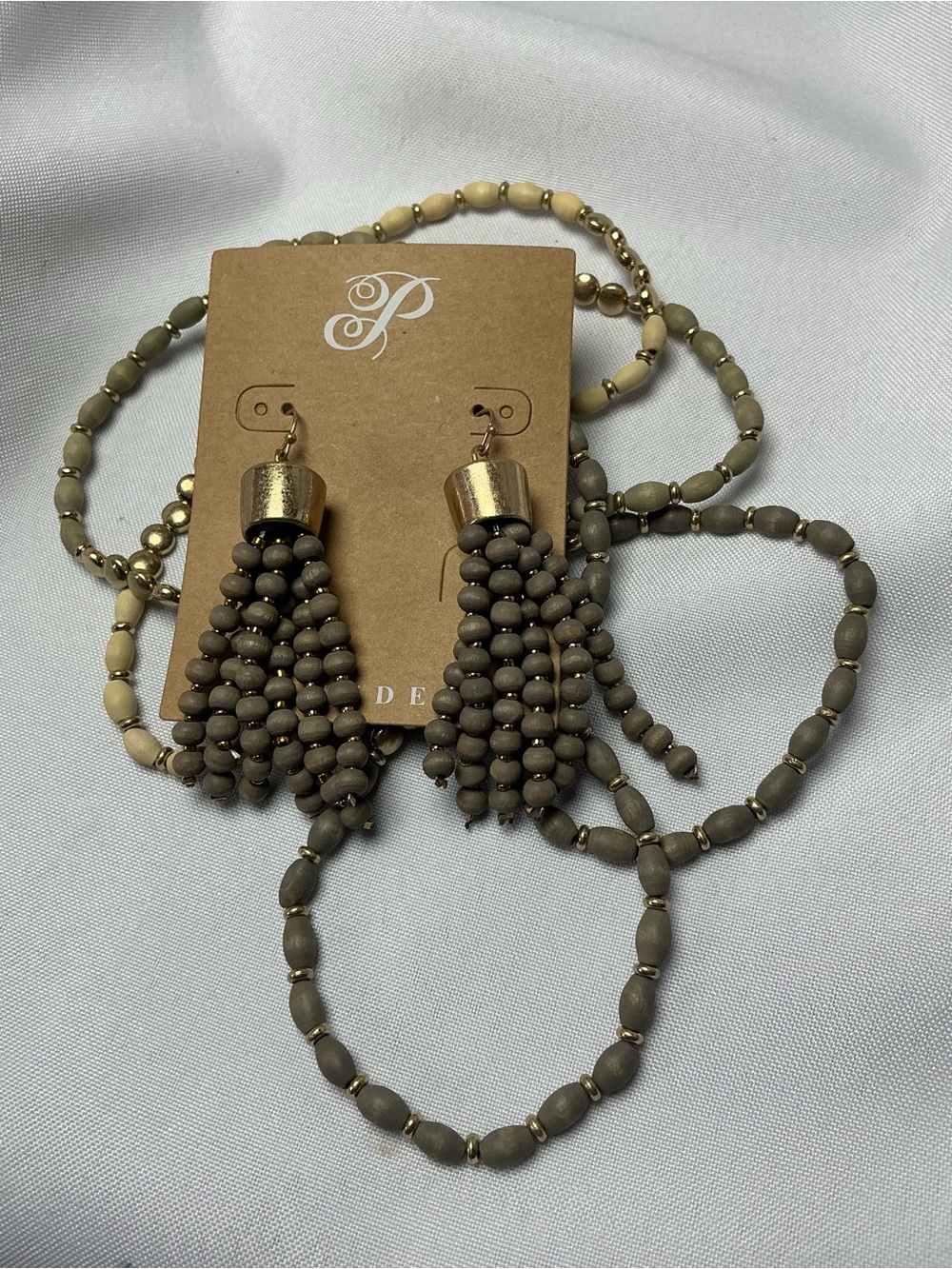 ★ Boho Wood Bead Tassel Earrings & Stack Bracelet Set Neutral Gold - Picture 2 of 9